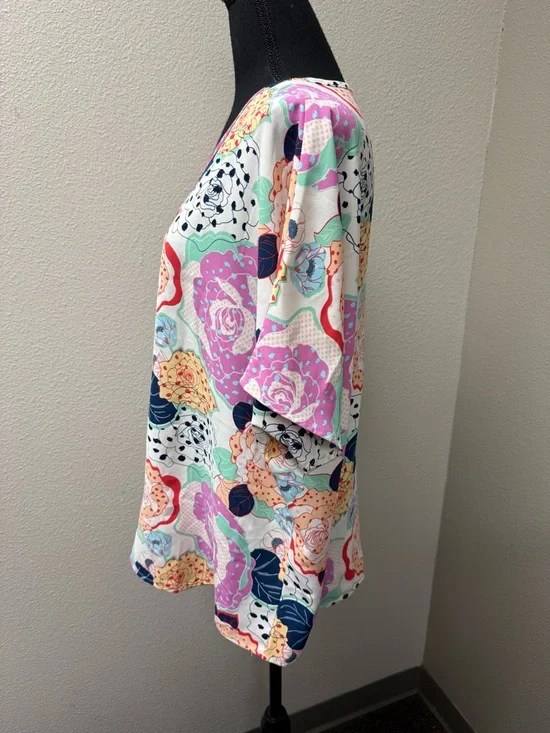 Entro Floral Blouse V Neck Boho Top Pink Blue Cream Large Spring Summer Chic - Picture 4 of 9